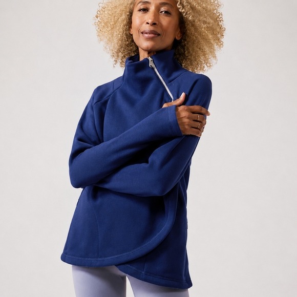 Athleta Tops - Athleta Cozy Karma Navy Blue Funnel Neck Asymmetrical Pullover Sweatshirt Medium